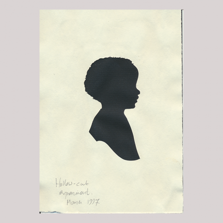 
        Silhouette, with boy looking right, on the left-hand corner an inscription, Hollow-cut experiment, March 1997.